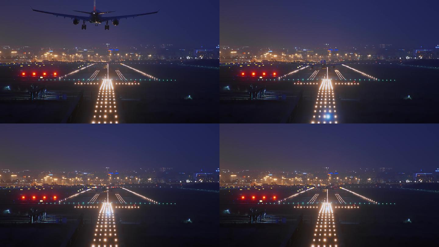 机场飞机降落飞机特写夜景