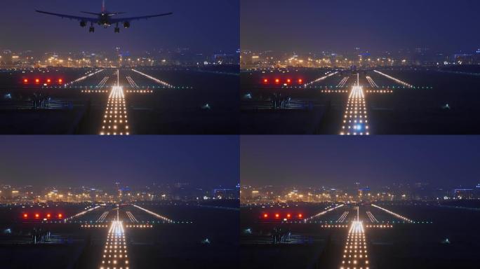 机场飞机降落飞机特写夜景