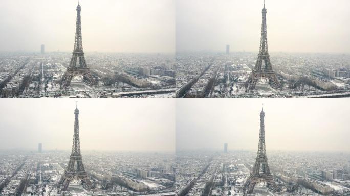 在雪下的巴黎埃菲尔航空旅行。