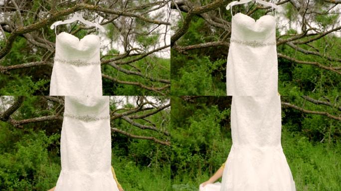 婚礼礼服从树上垂下