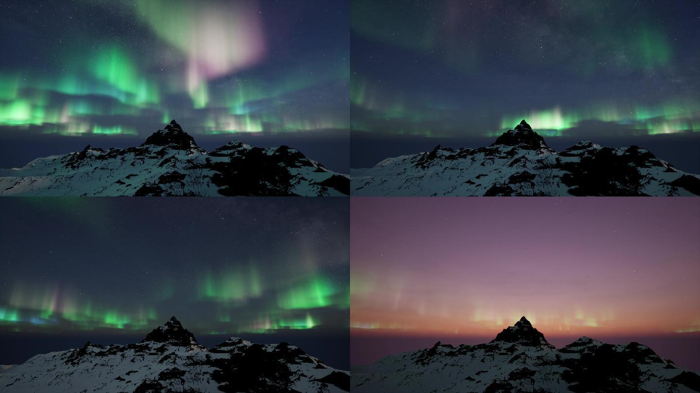 梦幻星空极光雪山斗转星移日出夜转日延时