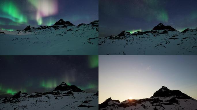 梦幻星空极光雪山斗转星移日出夜转日延时