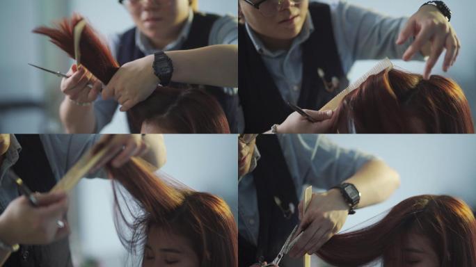 慢动作亚裔中国女发型师在美发沙龙为顾客梳理光滑的长发