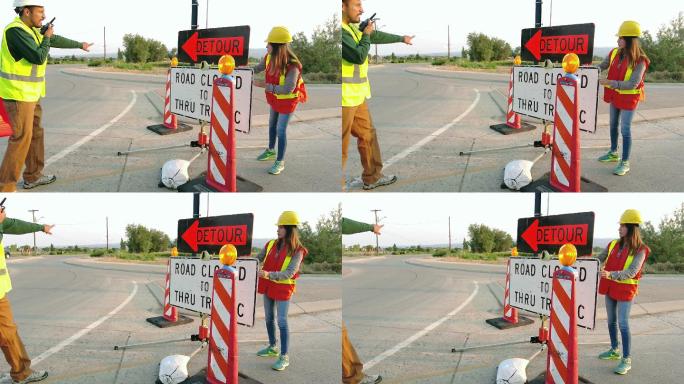 美国西部西班牙裔男性和女性道路施工和维护工人4K视频