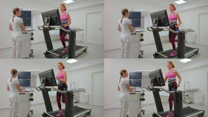 DS中年女性在跑步机上跑步并进行心脏压力测试