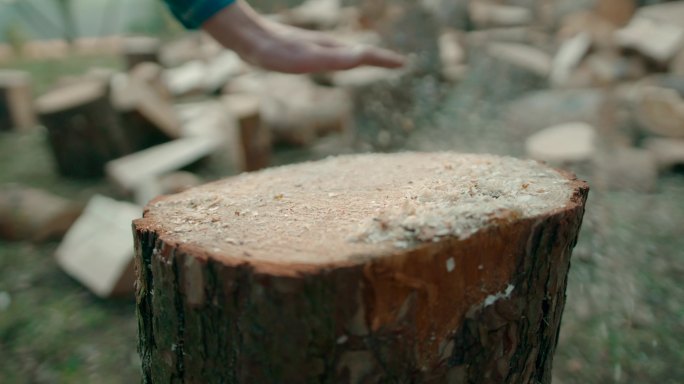 用手清除灰尘木屑劈柴柴火砍树