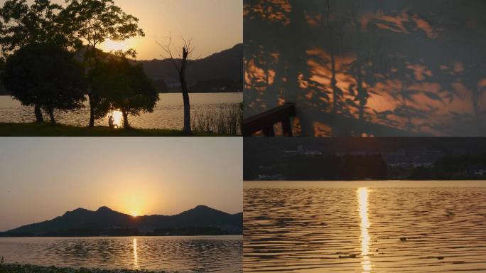 夏天杭州湘湖黄昏湖边的夕阳日落