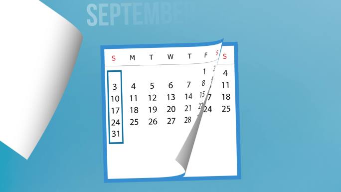 2022年9月日历翻页动画，蓝色背景，4K分辨率