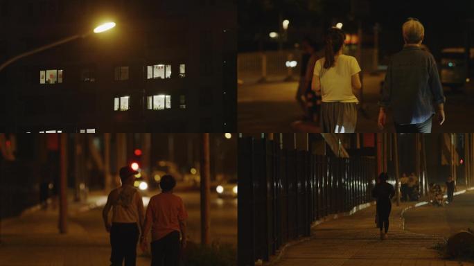 母女散步，夜晚背影，北京夏日 街道行人