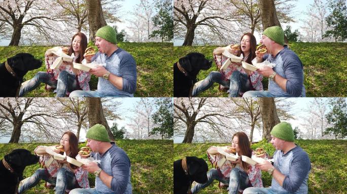 一对夫妇和他们的狗在樱花树下吃汉堡包