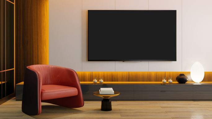 RGB灯黄-红-开-关环路-电视室现代极简室内，配备8K电视
