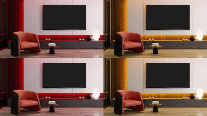 RGB灯黄-红-开-关环路-电视室现代极简室内，配备8K电视