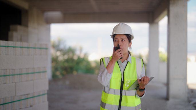 年轻女工程师在施工现场使用对讲机