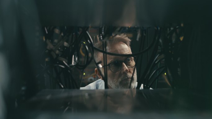 一位英俊的成熟技术人员在服务器机房进行维护检查的4k视频片段