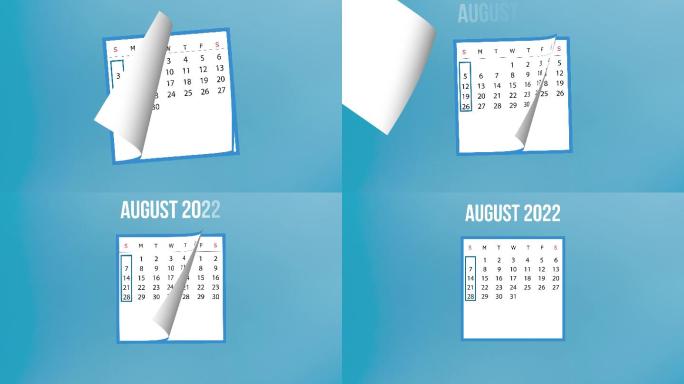 2022年8月日历蓝色背景下4K分辨率翻页动画