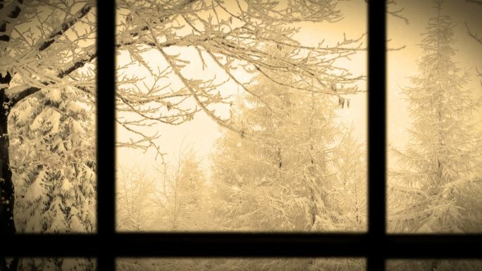从内部看冬季仙境雪景下雪窗外鹅毛大雪