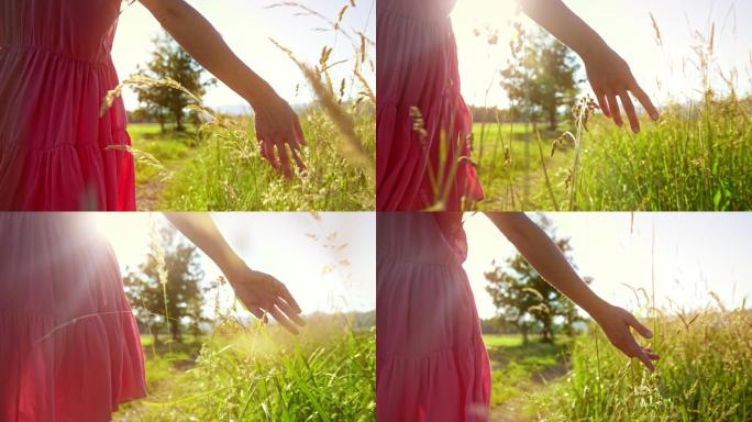 一个懒散的女人走在阳光明媚的田野上，用手抚摸着草地