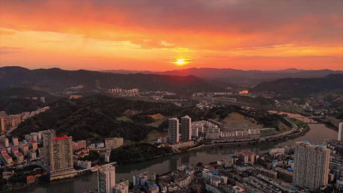 湖南省郴州市永兴县风景航拍城市日落