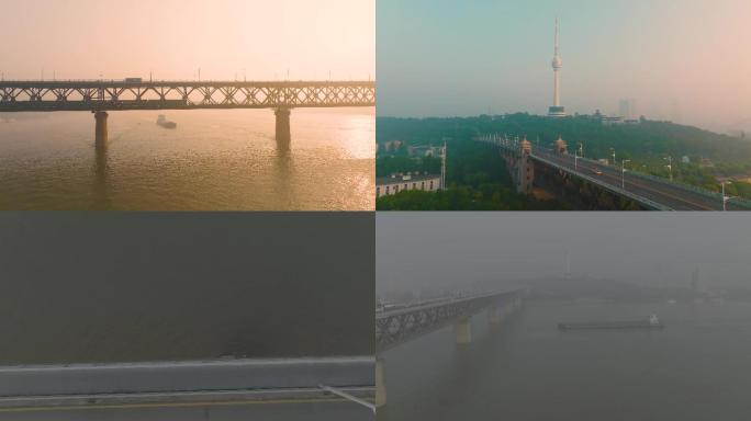 D18航拍武汉电视发射塔长江大桥轮船火车