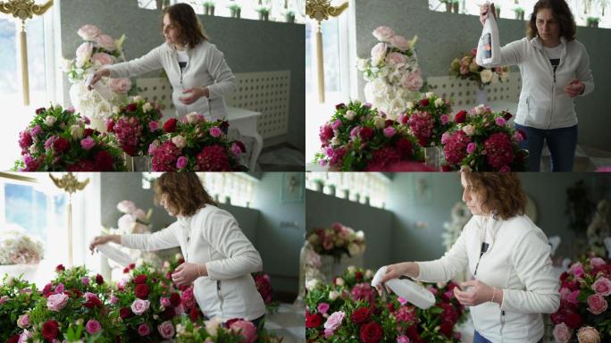 女人为婚礼喷洒鲜花