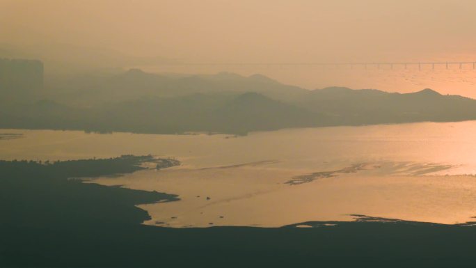 夕阳海岸视频香港米埔自然保护区港珠澳大桥