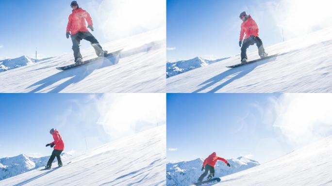 滑雪板运动员享受阳光明媚的冬日，表演跳跃特技和在滑雪坡上喷洒雪