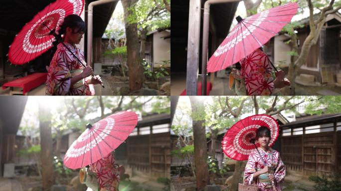 穿着和服的少女在日本的小花园里散步