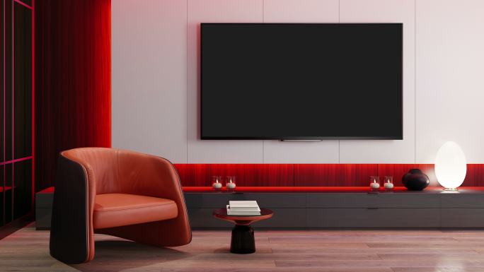RGB灯黄-蓝-粉-红循环-电视室现代极简室内，配备8K电视