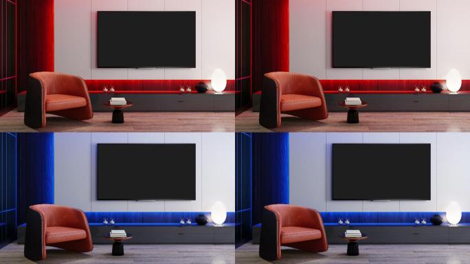 RGB灯黄-蓝-粉-红循环-电视室现代极简室内，配备8K电视