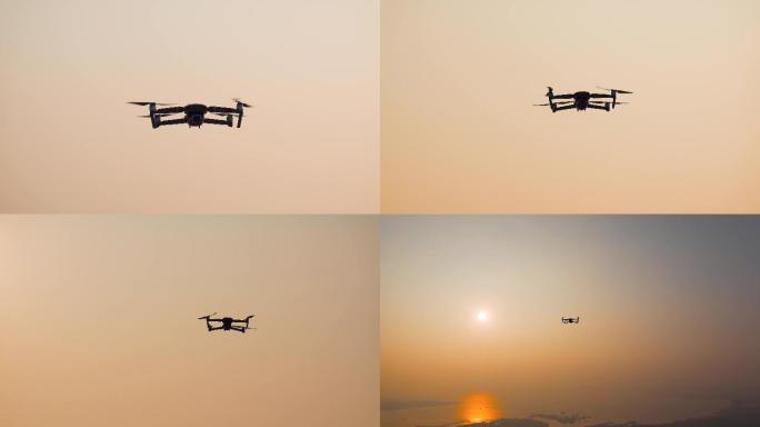 无人机视频金色夕阳里 飞行的大疆御无人机