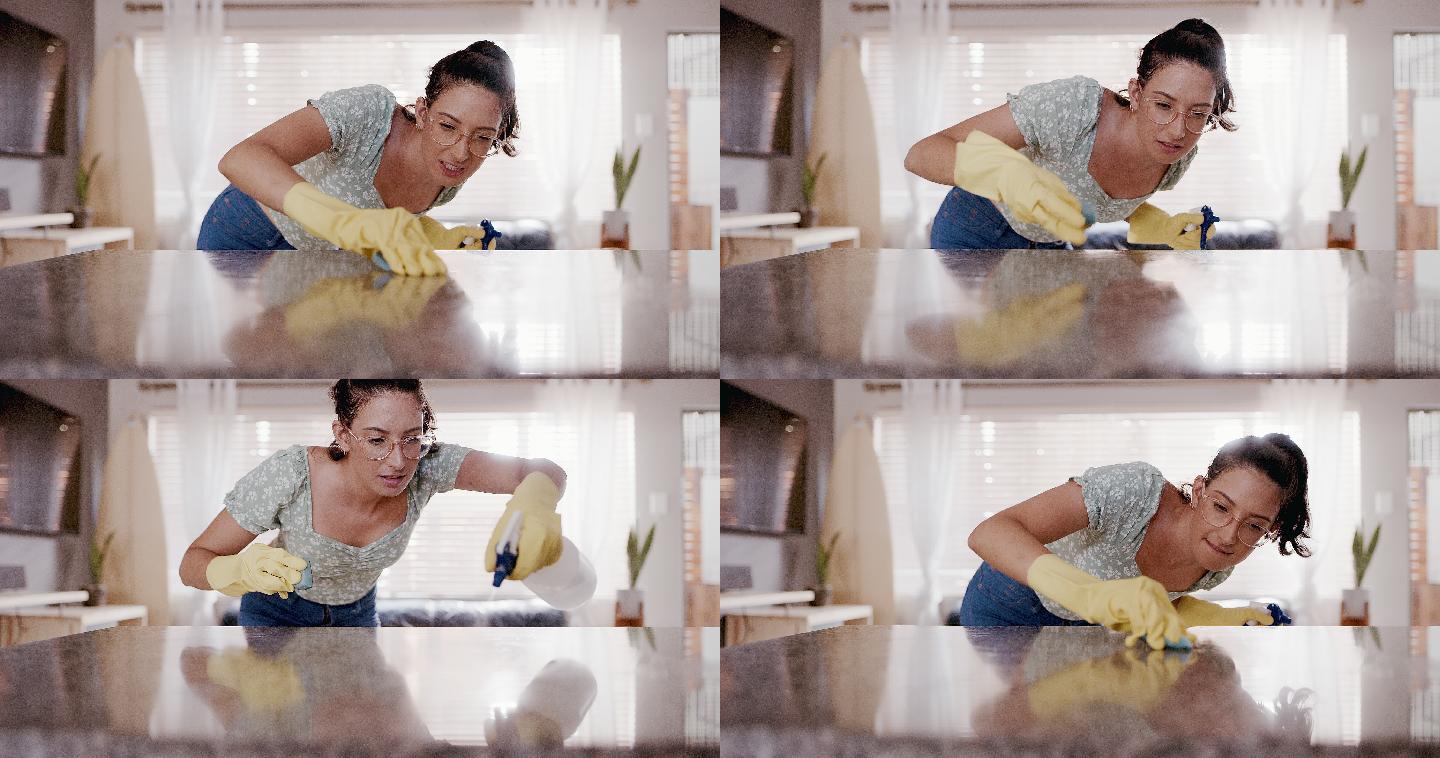 一名年轻女子在家擦洗厨房柜台的4k视频片段