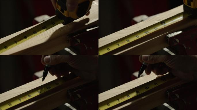 一位高加索工匠用记号笔和卷尺在木板上标记尺寸