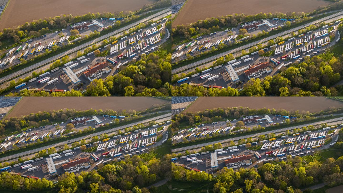 德国鸟瞰图，满是半卡车的公路和卡车停靠站