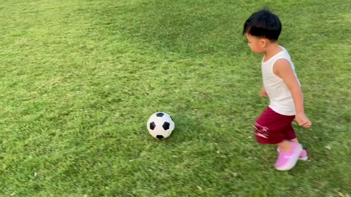 小男孩在草地上踢球。