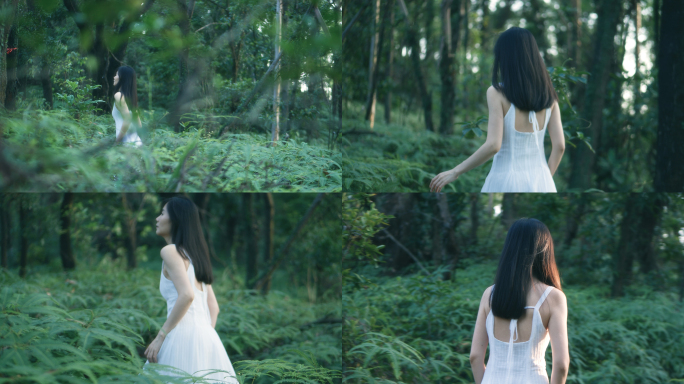 穿白色长裙的女孩在森林行走的背影4k视频