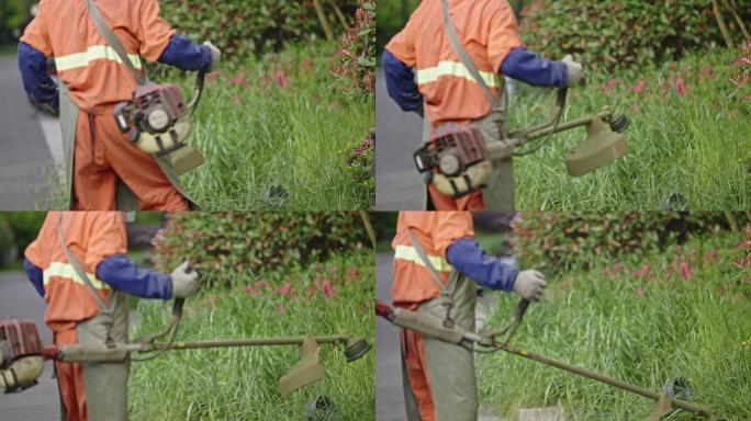 环卫工人使用除草机除草慢动作