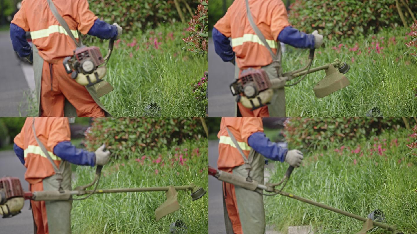 环卫工人使用除草机除草慢动作