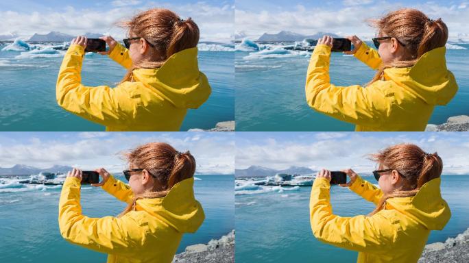 游客拍摄冰岛冰川泻湖照片