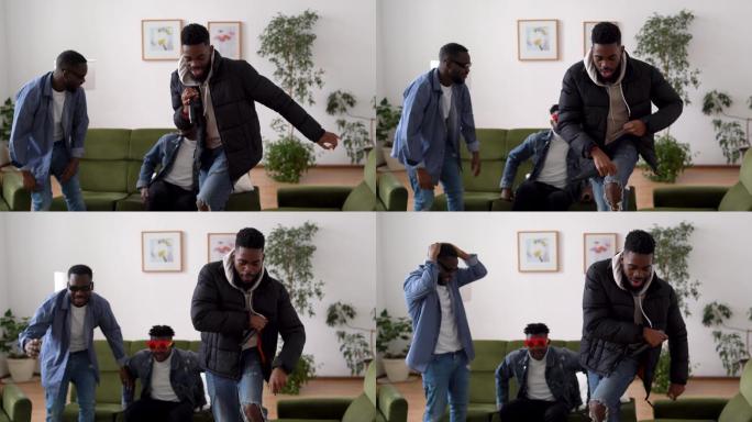 一群年轻的非洲裔美国男孩一起跳舞，唱卡拉OK