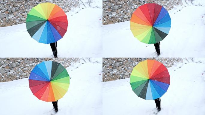 小女孩打着彩虹色的伞