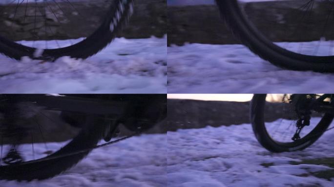 山地自行车轮胎在雪地上打滑的细节