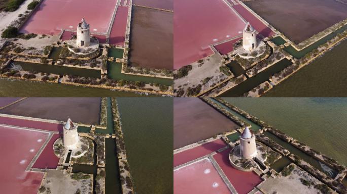 意大利西西里岛粉红色盐滩鸟瞰图