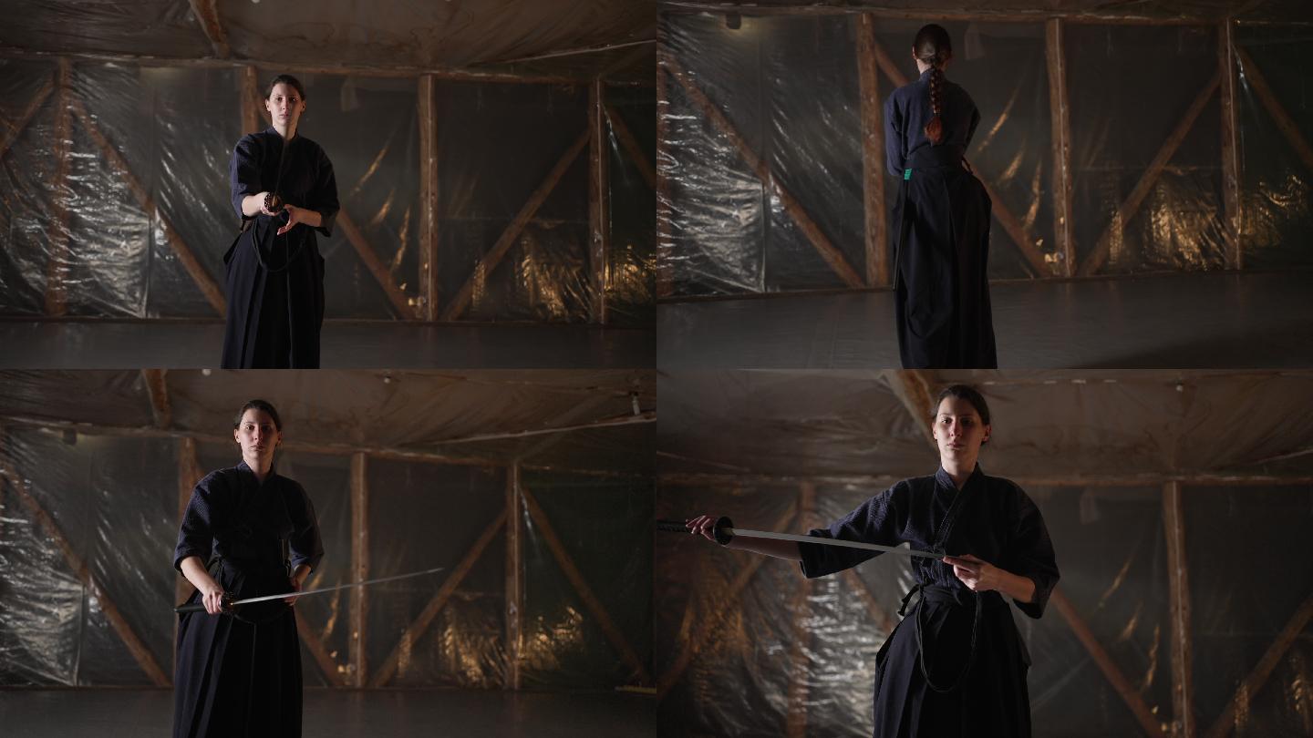 自信的Iaido女学生，用剑表演一些有趣的kates
