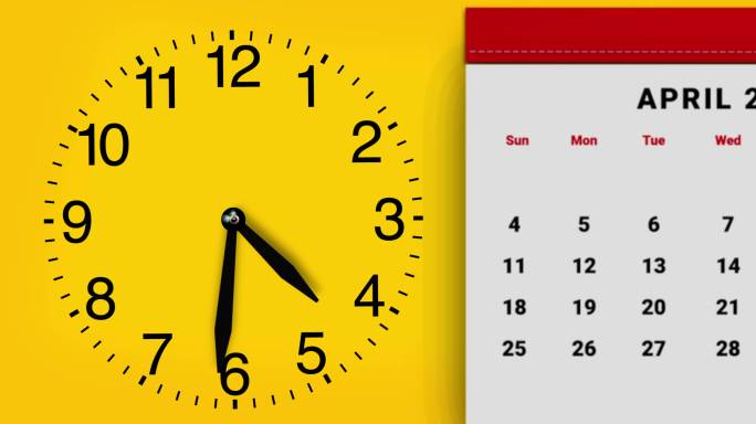 时光飞逝。黄色背景上的时钟和年历时间赛跑