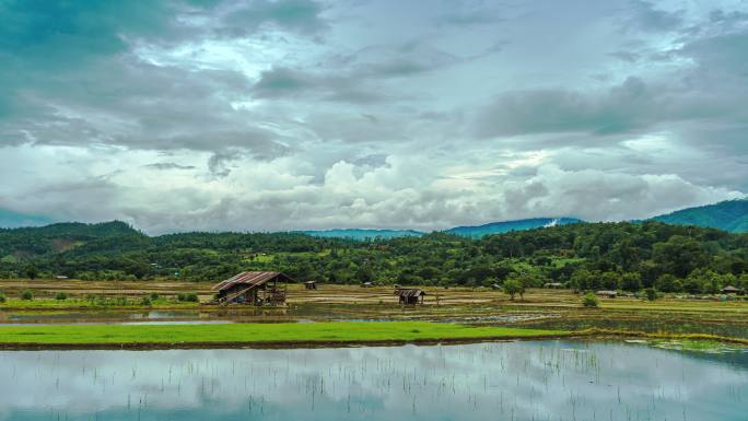 泰国清迈Muang Kong村的Timelapse农业用地和稻田，以山和云为背景。