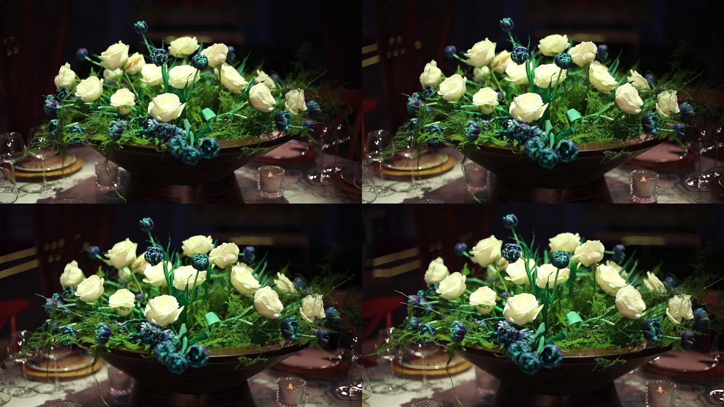 慢镜头白花，白玫瑰，白花束，花店大束鲜白玫瑰的特写镜头，婚礼花，婚礼装饰中的白玫瑰