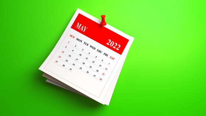 绿色背景下的2022年五月日历。循环视频