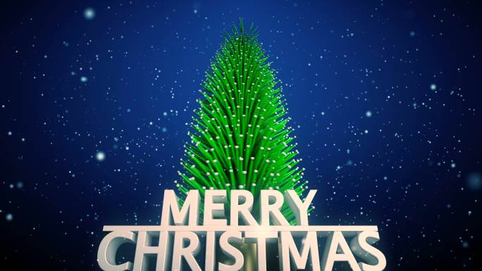 欢乐圣诞概念，圣诞树翻动，雪花飘落。在蓝色背景上循环3D动画