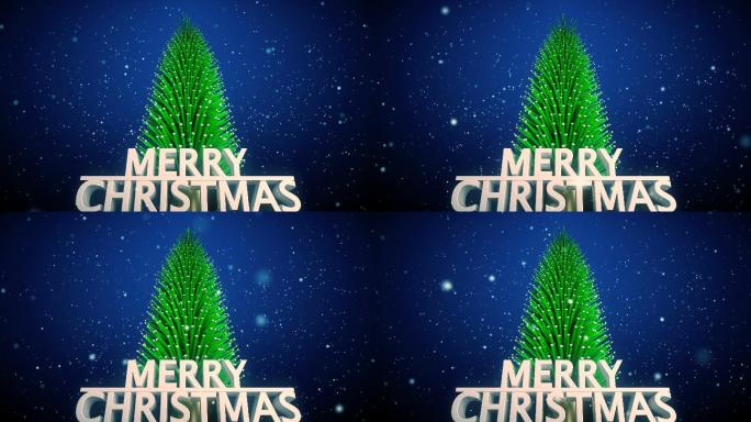 欢乐圣诞概念，圣诞树翻动，雪花飘落。在蓝色背景上循环3D动画