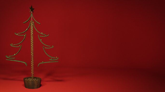 3D圣诞树玩具，金球、绿色栏杆和红色背景